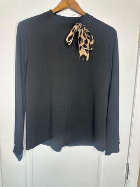Black Long-Sleeve Top with Leopard Tie Accent